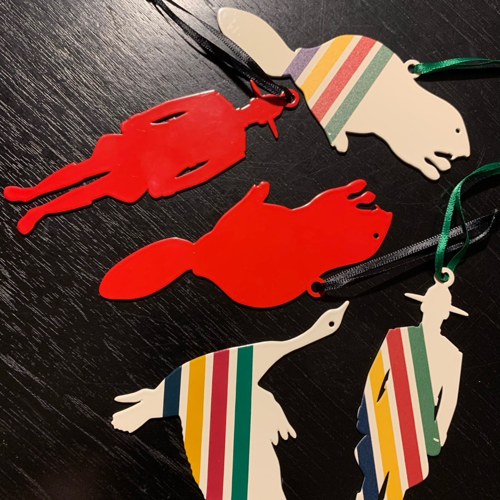 Set of powder coated steel tree ornament Can icons Mountie Beaver Canada Goose